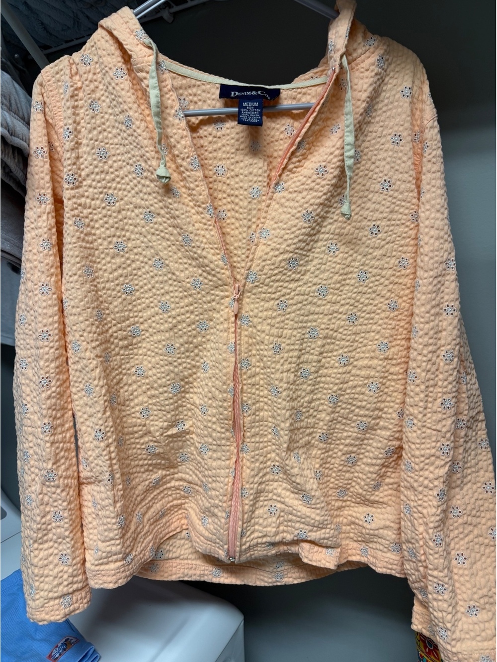 Denim & Co. Medium Peach Hooded Jacket with Rayon Embroidery and Full Zipper